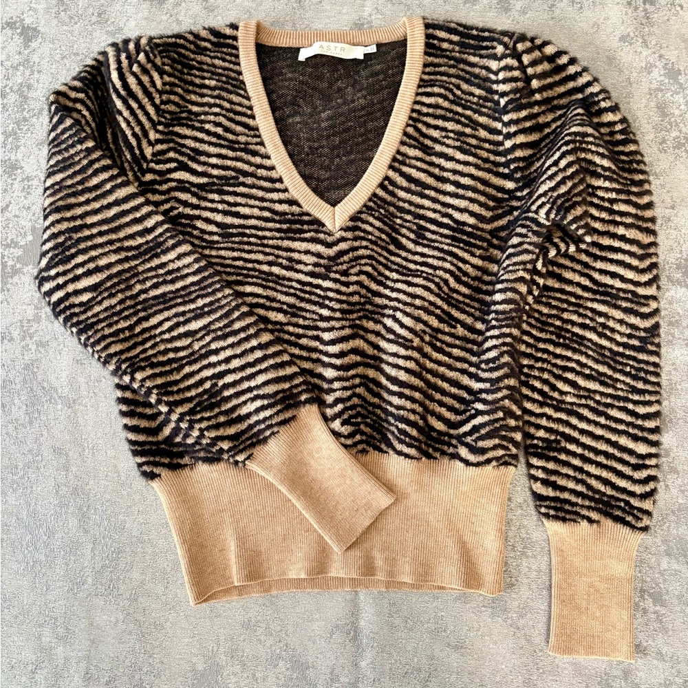 Astr Black and Tan V-Neck Sweater with Zebra Stripes NWOT
